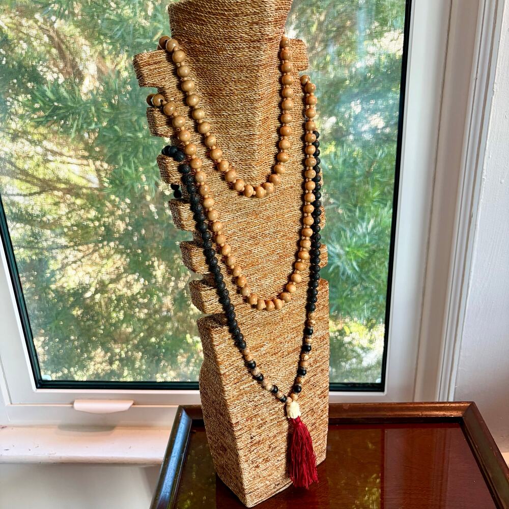 Buddha Mala Necklace Lava Stone Red Tassel with Separate Wooden Bead Necklace - Picture 3 of 15
